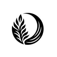 A monochrome emblem featuring a stylized leaf arrangement and crescent, in a minimalist . vector