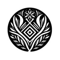 Intricate Black and White Circular Illustration of Geometric and Floral Elements, Featuring Symmetry and a Stylized Mandalalike . vector