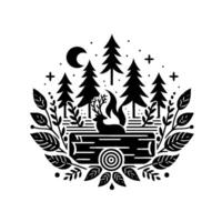 Silhouette illustration of a deer in a forest scene with trees, moon, foliage, and a log on a white background. vector