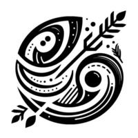Abstract black and white symmetrical with organic and geometric shapes, including eyes, arrows, and swirls, on a white background. vector