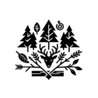Minimalist Black and White Illustration of Deer, Trees, Target, Arrows, and Leaves, Representing Hunting and Nature vector