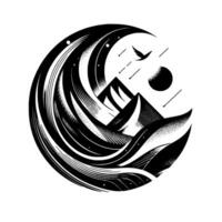 Abstract Black and White Illustration of Mountains, Waves, and a Bird Within a Circular Composition, with a Dark Sun and Stars. vector