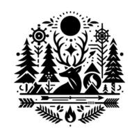 Intricate Black and White Circular Emblem of a Majestic Reindeer in a Wilderness Scene with Trees, Sun, and Arrow. vector