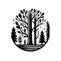 Stylized Black and White Illustration of a Forest Scene Enclosed in a Circle, featuring Trees and Foliage. vector
