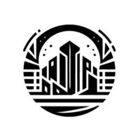 Black White Art Deco Emblem Geometric Cityscape within Circular Frame, Abstract . vector