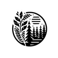Black and White Illustration Nature Scene in a Circle with Trees, Leaves, and Abstract Sun with Decorative Plants and Forest . vector