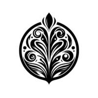 Elegant black and white floral symmetrical emblem within a circular frame, featuring stylized leaves and swirls, suggestive of classic . vector
