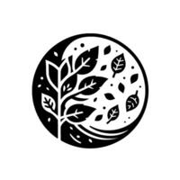 Minimalist Black and White Circular Branch with Leaves Inside a Circle. vector