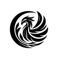 Black Silhouette Phoenix Emblem in a Circular Frame with Intricate Wing Detail and Intense Gaze. vector