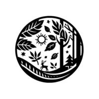 Black and White Silhouette of a Forest Scene in a Circle Deer, Trees, Leaves, Sun, and Stars. vector