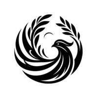 Symbolic Black Bird within a Circular with Leaves, Representing Rebirth, Harmony, and Natures Grace, All on White. vector