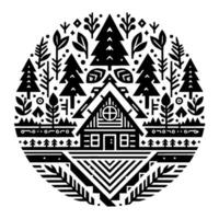 Circular Black and White Cabin in the Woods Illustration with Trees, Leaves, and Geometric Patterns in a Minimalist Style. vector