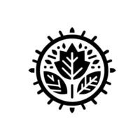 Symbolic Black and White Botanical Emblem Central Leaf Motif Enclosed in a Circular Frame with Spikes, Suggesting Organic and Artistic . vector