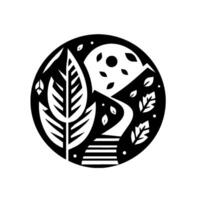 Monochromatic circular illustration of a landscape mountains, river, leaf, and tree in a minimalist aesthetic. vector
