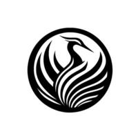 A stylized, monochromatic illustration of a phoenix rising from stylized flames within a black circular emblem against a white background. vector