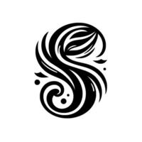 Black and White Ornate S Letter with Swirls, Leaves, and Decorative Elements on a White Background, Artistic Concept. vector