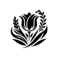 Elegant black and white floral emblem featuring stylized tulip and foliage, ideal for elements, logos, and ornamental use. vector