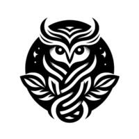 Intricate Black and White Owl Enclosed in a Circular Frame with Stylized Feathers and Starry Background, Minimalism. vector
