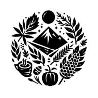Black and white circular illustration, mountain at the center, surrounded by various nature elements, representing agriculture and serenity. vector
