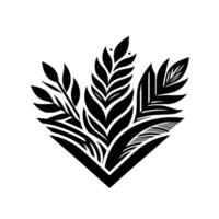 Monochromatic, minimalist botanical illustration featuring a symmetrically arranged collection of stylized leaves, presented on a clean white background. vector