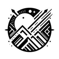 Geometric Black and White Art Deco Mountain, Sun, and Starburst Scene in a Circular Composition. vector