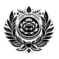 Intricate black and white floral emblem with symmetrical composition, featuring lotus blossom, laurel wreath, and decorative elements on a white background. vector