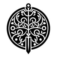 Intricate Black and White Celticinspired Ornament Featuring a Stylized Tree, Sword, and Circular . vector