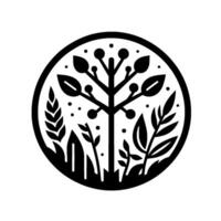 Elegant Black and White Botanical Emblem A Detailed Circular Featuring a Central Tree with Berries and Diverse Foliage Elements. vector