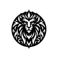 Intricate Black and White Lions Head Within a Circular Frame, Featuring Ornamental Details. vector