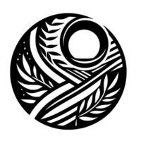 Abstract black and white in a circular format featuring stylized leaves, stripes, and a central hollow circle, evoking a sense of nature and balance. vector