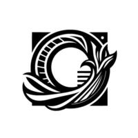 Black and White G Letter with Floral and Geometric Elements Within a Square Frame, Minimalist and Abstract Illustration. vector