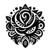 Intricate Black and White Floral Mandala with Leafy Elements and Dots on a Clean White Backdrop. vector