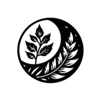 Abstract Black and White Two Leafy Branches in a Circle and Crescent, NatureInspired, Minimalist. vector