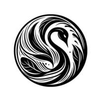 Intricate Black and White Swan Mandala Elegant Swirls and Floral Details Within a Circular Frame, Artistic . vector