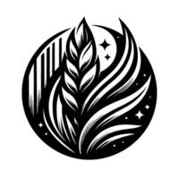 Abstract black and white circular emblem featuring a central wheat stalk, flowing lines, crescent moon, and stars. vector