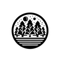 A serene, minimalist, and stylized circular emblem depicting a silhouetted forest scene under a starry sky with celestial bodies and a textured foreground, evoking tranquility. vector