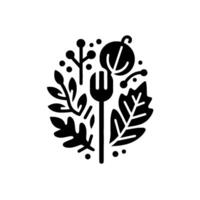 Black and white botanical minimalist emblem featuring a fork surrounded by leaves, berries, and fruit elements within an oval shape on a white background. vector