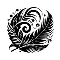 Artistic Black and White Emblem A stylized of overlapping feathers and decorative flourishes, creating a harmonious, circular composition. vector