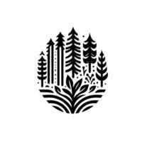 Minimalist Black and White Forest stylized trees, foliage, and organic elements arranged in a teardropshaped emblem. vector