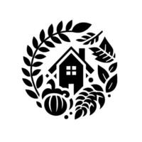 Monochromatic illustration of a house within a circular wreath of foliage, pumpkins, and wheat, symbolizing nature and home. vector
