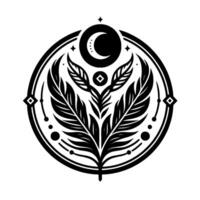 Symmetrical, Circular Black White Illustration of Botanical with Crescent Moon, Stars, and Feathers inside a frame. vector