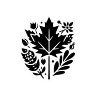 Black and white decorative nature emblem featuring a central maple leaf surrounded by various botanical elements. vector