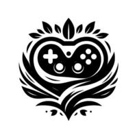 Black and white symmetrical of a game controller embraced by a heartshaped organic with leaves, promoting gaming love. vector