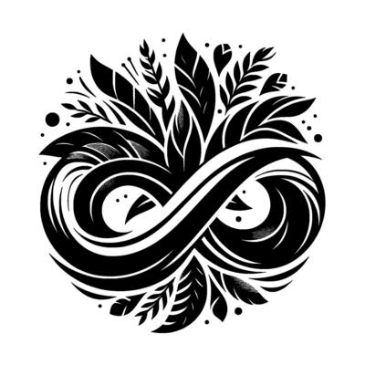 Black and White Circular Infinity Symbol with Botanical Embellishments, Leaves and Twigs.