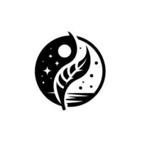 YinYang Harmony A minimalist black and white featuring a celestial night side with stars and moon intertwined with a leaf and horizon. vector
