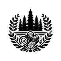 Monochromatic Forest and Logs Emblem Pine Trees, Cut Wood, Laurel Wreath, Illustration in Black and White. vector