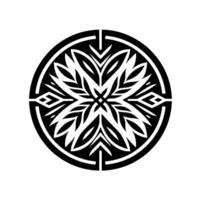 Symmetrical floral black and white within a circular frame, evoking a minimalist, modern and elegant style. vector