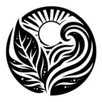 A black and white circular symbolizing natures elements, featuring a leaf, sun, and wave. vector