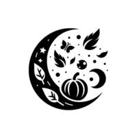 A Black and White Illustration of Autumn Symbols and Celestial Elements, Enclosed within a Crescent Moon vector