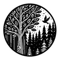 Circular Black White Nature Illustration Tree, Forest, Flying Bird, and Geometric Elements, minimalist aesthetics. vector
